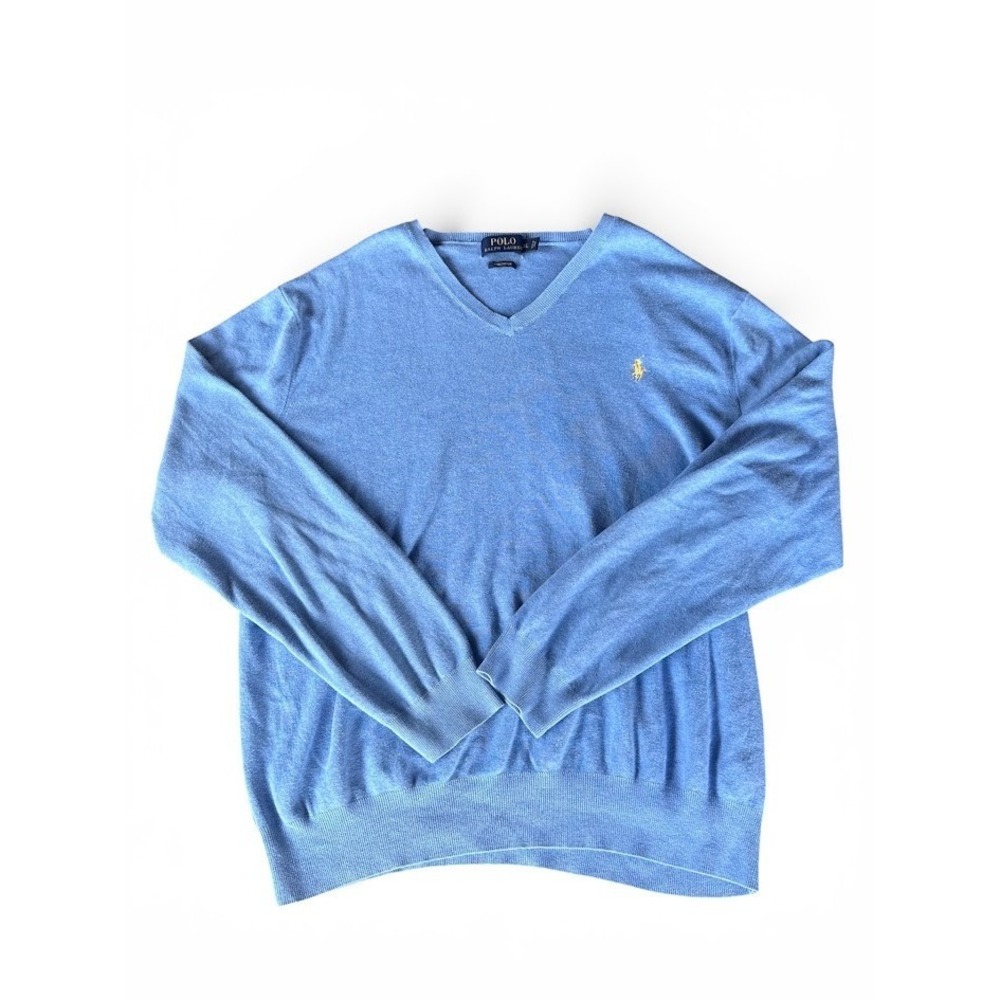 Polo Ralph Lauren Men Blue Pima Cotton V-Neck Sweater XL Fits Large